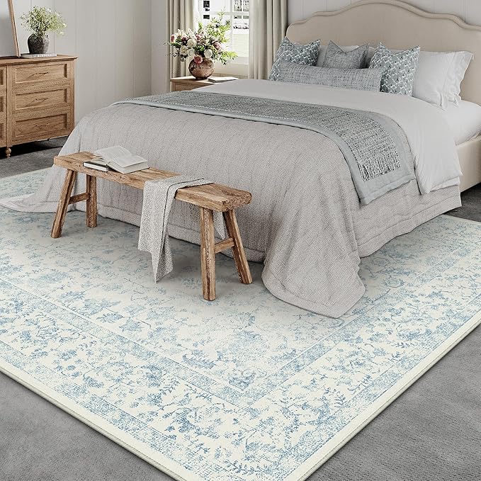 9x12 Blue Area Rug Non Slip Large Vintage Living Room Distressed Machine Washable Carpet Traditional Indoor Bedroom Blue Retro Floral Accent Throw Rug for Office Kitchen Dorm Dining Room