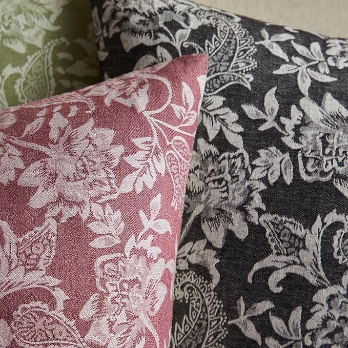 Floral Jacquard Throw Pillow Covers Set of 2, Background/Charcoal 16x16 Inch, Farmhouse Decorative Cotton Dark Grey Cushion Covers for Sofa Bed Living Room Home Decor