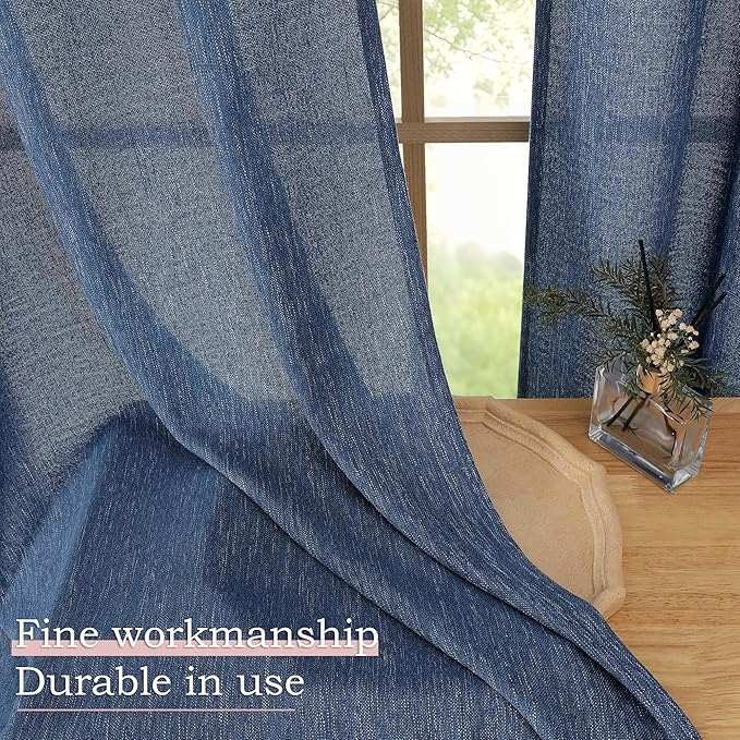 Simplebrand Navy Blue Semi Sheer Faux Linen Textured 120 Inches Long Curtains 2 Panels Set, Privacy Farmhouse Window Drapes for Living Room/Birthday Party/Hallway Window Guest Room, 50 x 120 Inch