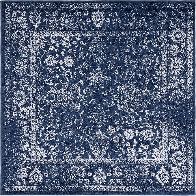 SAFAVIEH Adirondack Collection Area Rug - 4' Square, Navy & Ivory, Distressed Vintage Floral Design, Non-Shedding & Easy to Clean, Ideal for Living Room, Bedroom, Dining Space (ADR109N)