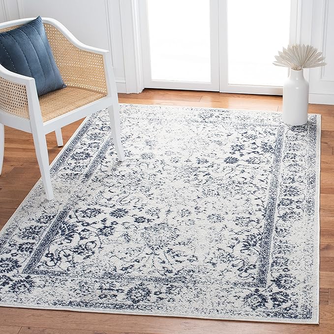 SAFAVIEH Area Rug 4x6 - Adirondack Collection - Ivory & Navy, Distressed Vintage Floral Design, Non-Shedding & Easy to Clean, Ideal for Living Room, Bedroom, Dining Space (ADR109M)