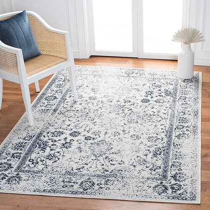 SAFAVIEH Area Rug 4x6 - Adirondack Collection - Ivory & Navy, Distressed Vintage Floral Design, Non-Shedding & Easy to Clean, Ideal for Living Room, Bedroom, Dining Space (ADR109M)