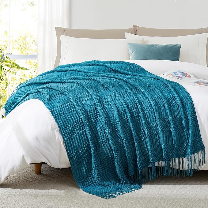 Teal Knitted Decorative Throw Blankets for Couch, Bedroom and Officeroom,Textured Fade Resistant Soft and Warm Knit Blanket with Tassel,50"x60"