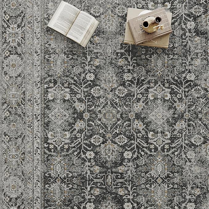Black Runner Rug 3x8 Vintage Area Carpet Hallway Long Indoor Kitchen Washable Living Room Low Pile Traditional Distressed Retro Accent Throw Rug Non Slip Laundry Bathroom Office Dining Room