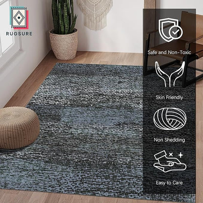 RUGSURE Washable Area Rug - 1/6 Thick - Stain & Water Resistant Non-Slip - Resistant Rug for Living Room, Bedroom, Nursery, Pet & Child Friendly, Vintage Charm Area Rugs (Darkgrey+Bule, 4' x 6')