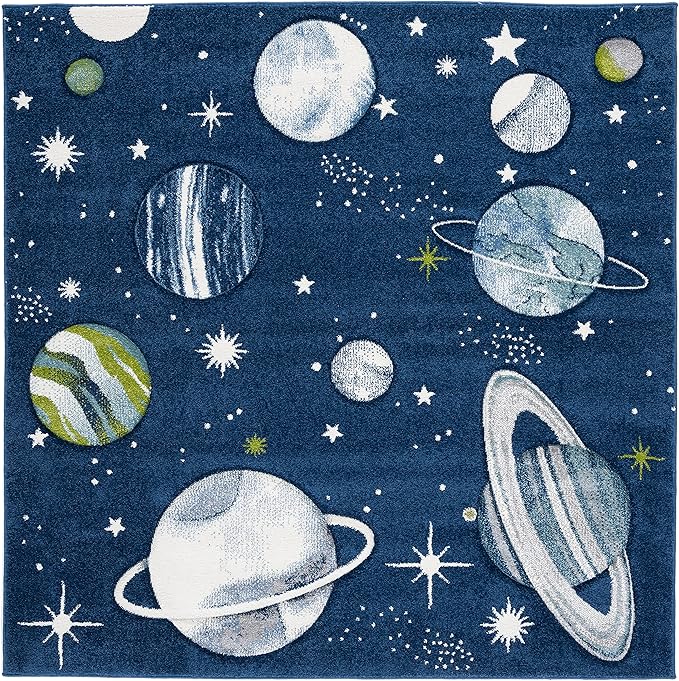 SAFAVIEH Carousel Kids Collection Area Rug - 5'3" Square, Navy & Ivory, Non-Shedding & Easy Care, Ideal for High Traffic Areas for Boys & Girls in Playroom, Nursery, Bedroom (CRK103N)