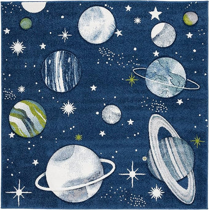 SAFAVIEH Carousel Kids Collection Area Rug - 5'3" Square, Navy & Ivory, Non-Shedding & Easy Care, Ideal for High Traffic Areas for Boys & Girls in Playroom, Nursery, Bedroom (CRK103N)