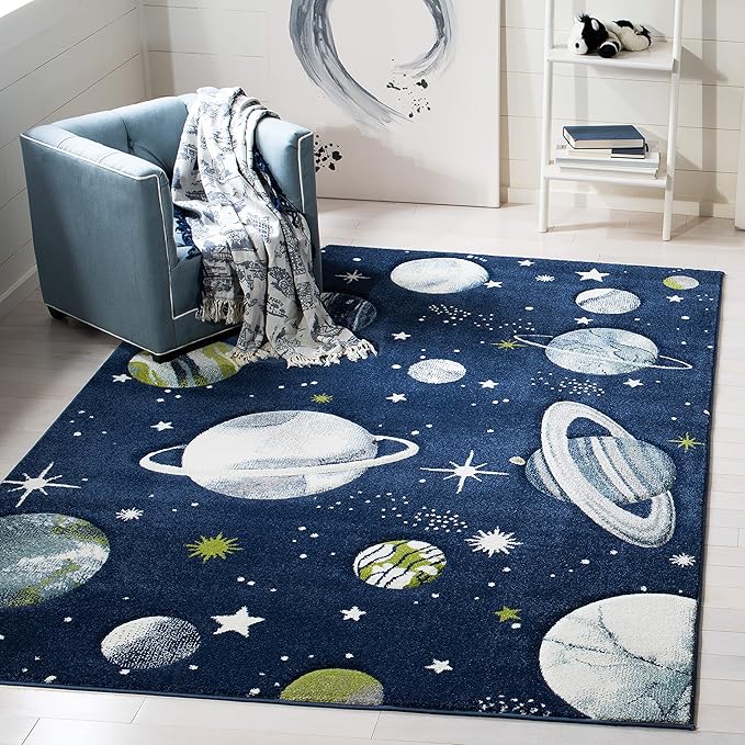 SAFAVIEH Carousel Kids Collection Area Rug - 5'3" Square, Navy & Ivory, Non-Shedding & Easy Care, Ideal for High Traffic Areas for Boys & Girls in Playroom, Nursery, Bedroom (CRK103N)