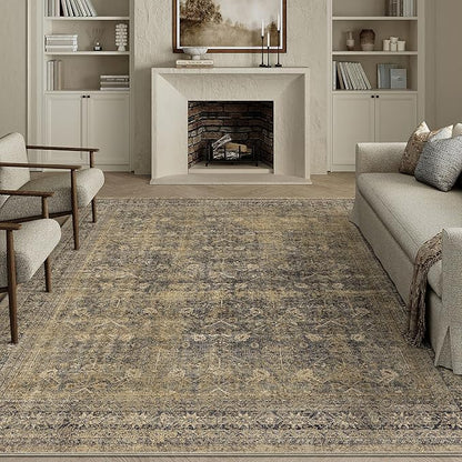 8x10 Brown Black Area Rug for Living Room Washable Vintage Distressed Carpet Large Bedroom Low Pile Non Slip Indoor Soft Retro Throw Accent Rug Office Kitchen Bathroom Dining Room