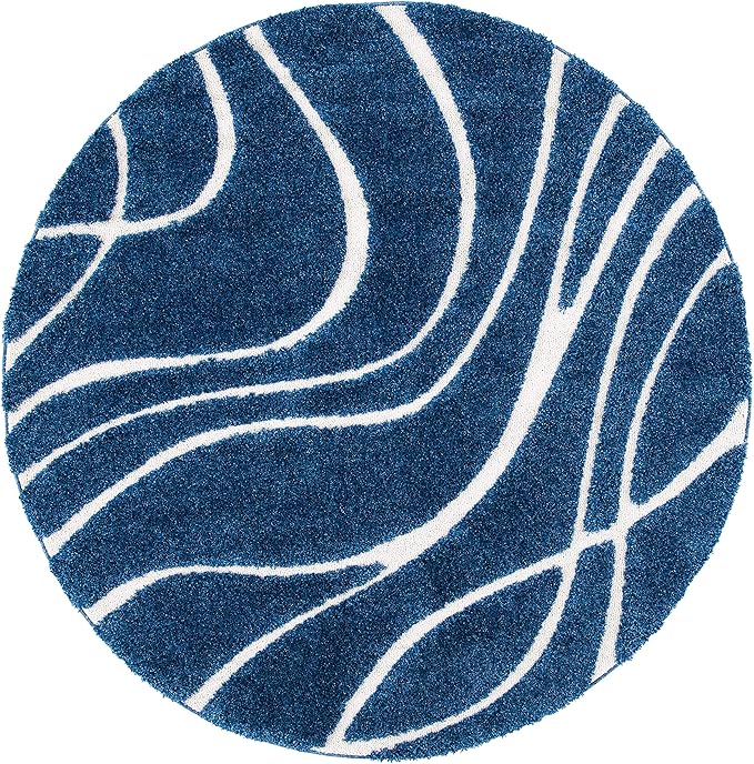 SAFAVIEH Florida Shag Collection Area Rug - 6'7" Round, Navy & Ivory, Non-Shedding & Easy Care, 1.2-inch Thick Ideal for High Traffic Areas in Living Room, Bedroom (SG471-6512)