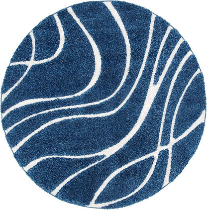 SAFAVIEH Florida Shag Collection Area Rug - 6'7" Round, Navy & Ivory, Non-Shedding & Easy Care, 1.2-inch Thick Ideal for High Traffic Areas in Living Room, Bedroom (SG471-6512)