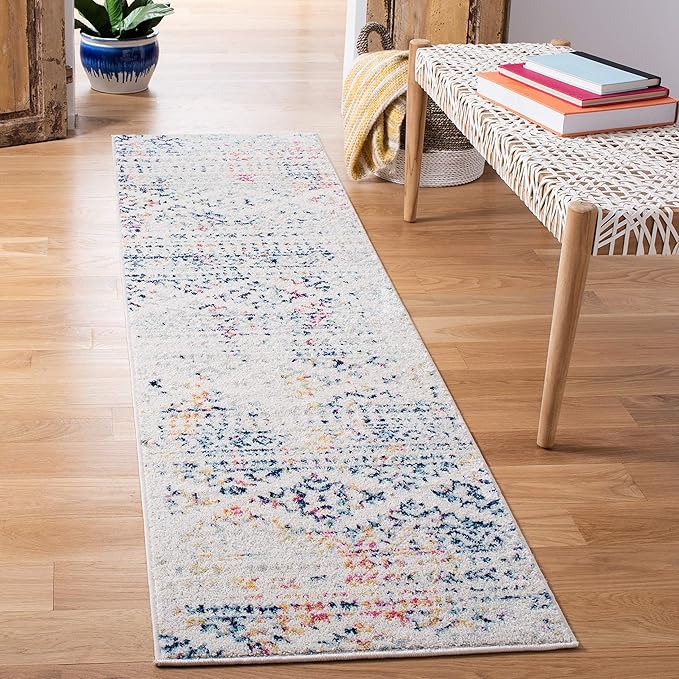 SAFAVIEH Tulum Collection Runner Rug - 2' x 8', Ivory & Blue, Moroccan Boho Tribal Design, Non-Shedding & Easy to Clean, Ideal for Living Room, Hallway, Foyer, Entryway, Bedroom (TUL272C)
