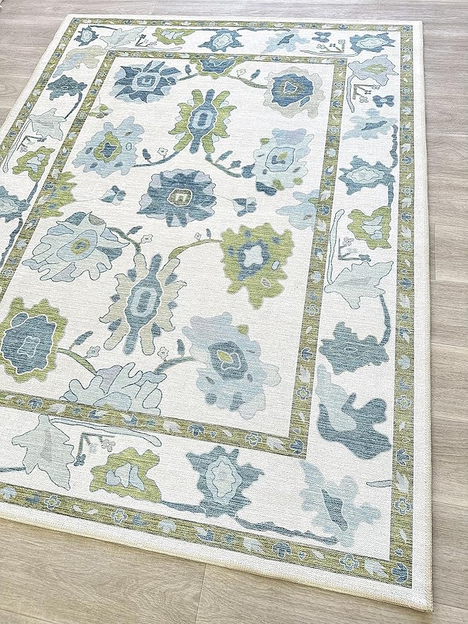 Fame Living Green Oushak Rug, Modern, Vintage, Turkish, Eclectic, Floral, Pastel, Washable, Area Rugs for Living Room, Dining, Bedroom, Office, Entryway, Foyer, Playroom, Nursery, 5'x6'9"