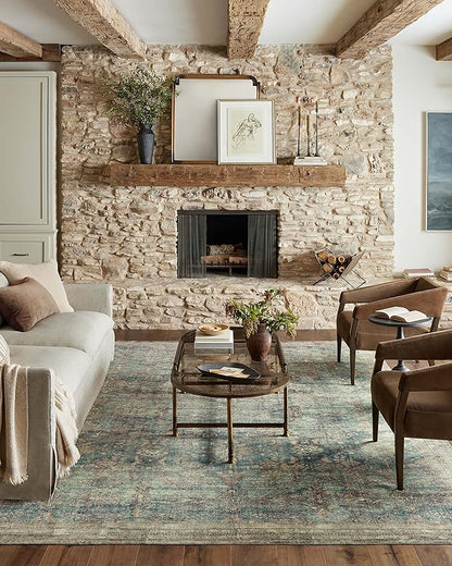 Loloi Magnolia Home by Joanna Gaines Banks Collection BAN-01 Ocean/Spice 3'-6" x 5'-6" .13" Pile Height, Machine Washable, Accent Rug