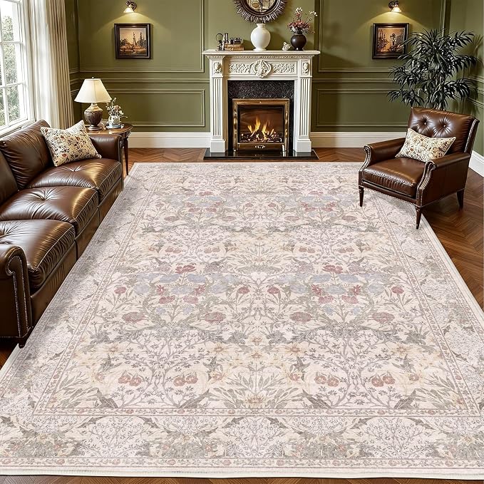 6x9 Floral Living Room Rug: Vintage Beige Washable Rug Floral Soft Carpet by CILEPMID-TimelessComfort