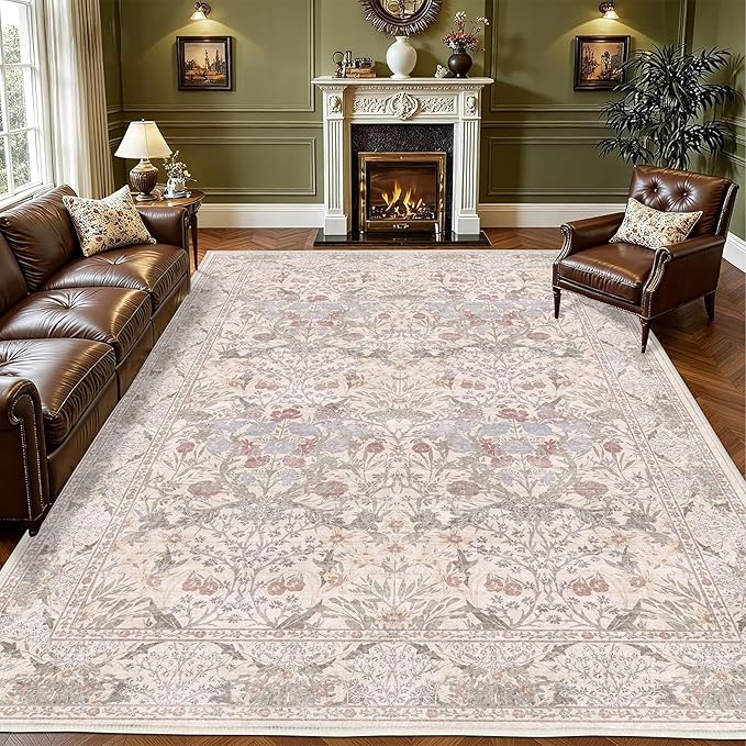 8x10 Washable Area Rug for Living Room, Large Beige Floral Rugs, Soft Non-Slip by CILEPMID-TimelessComfort