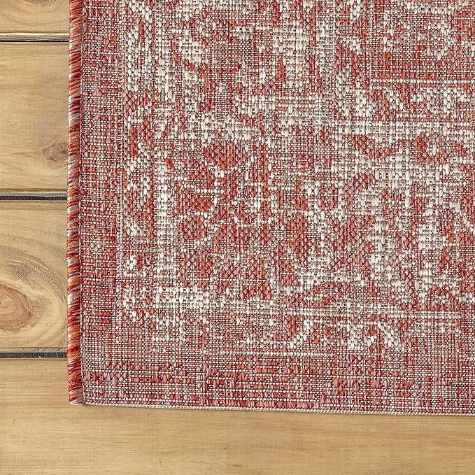 JONATHAN Y Weave Floral Indoor Outdoor Round Area Rug 8 Ft Red/Taupe, Tela Bohemian Textured for Backyard, Patio, Porch, Easy-Cleaning, High Traffic, Pet-Friendly, Non-Shedding (SMB100A-8R)