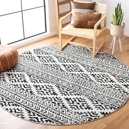 SAFAVIEH Tulum Collection Area Rug - 5' Round, Ivory & Black, Moroccan Boho Tribal Design, Non-Shedding & Easy to Clean, Ideal for Living Room, Bedroom, Dining Space (TUL272B)