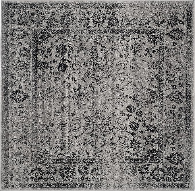SAFAVIEH Adirondack Collection Area Rug - 6' Square, Grey & Black, Distressed Vintage Floral Design, Non-Shedding & Easy to Clean, Ideal for Living Room, Bedroom, Dining Space (ADR109B)