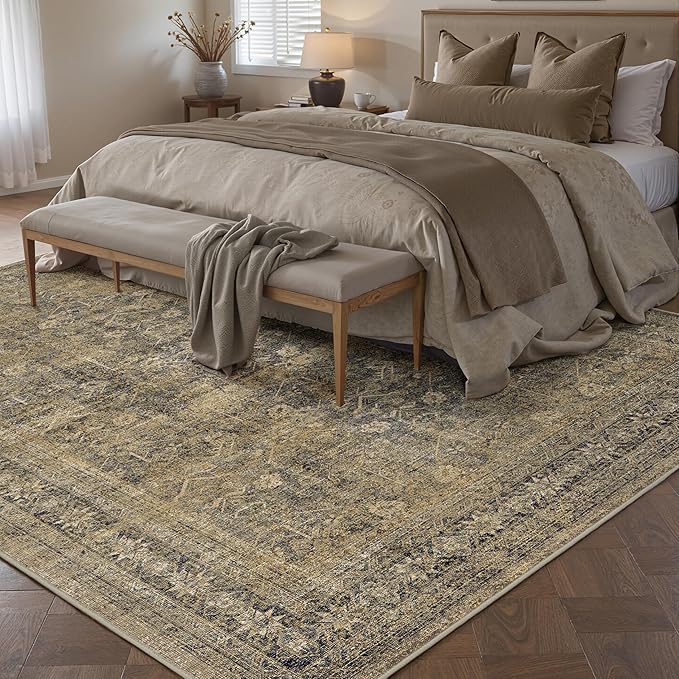 4x6 Brown Black Area Rug Washable Vintage Distressed Office Carpet Low Pile Entryway Non Slip Indoor Soft Retro Entrance Throw Accent Rug for Kitchen Bathroom Bedroom Dining Living Room