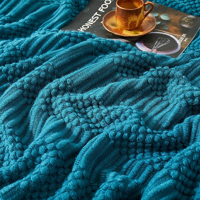 Teal Knitted Decorative Throw Blankets for Couch, Bedroom and Officeroom,Textured Fade Resistant Soft and Warm Knit Blanket with Tassel,50"x60"