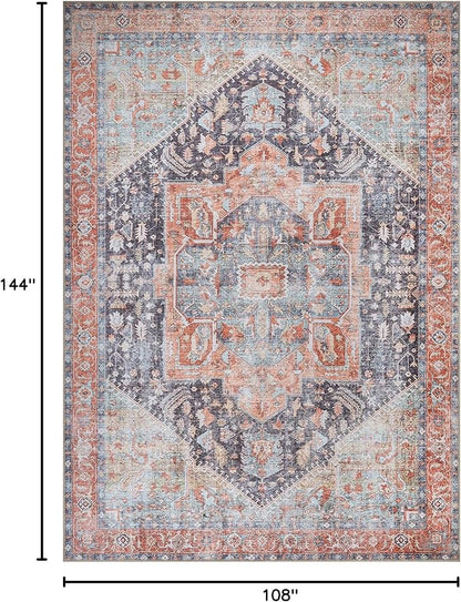 Bloom Rugs Washable Non-Slip 9' x 12' Rug - Terracotta/Blue Traditional Medallion Area Rug for Living Room, Bedroom, Dining Room, and Kitchen - Exact Size: 9' x 12'
