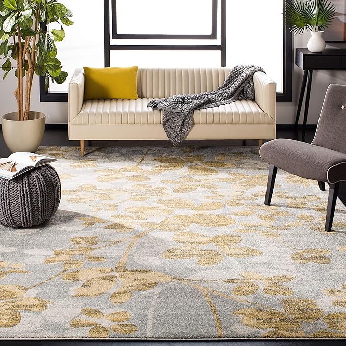 SAFAVIEH Evoke Collection Area Rug - 10' x 14', Grey & Gold, Floral Design, Non-Shedding & Easy Care, Ideal for High Traffic Areas in Living Room, Bedroom (EVK236P)