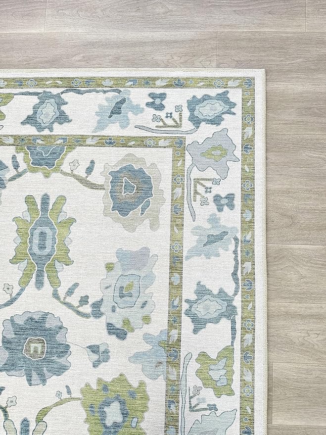 Fame Living Green Oushak Rug, Modern, Vintage, Turkish, Eclectic, Floral, Pastel, Washable, Area Rugs for Living Room, Dining, Bedroom, Office, Entryway, Foyer, Playroom, Nursery, 5'x6'9"