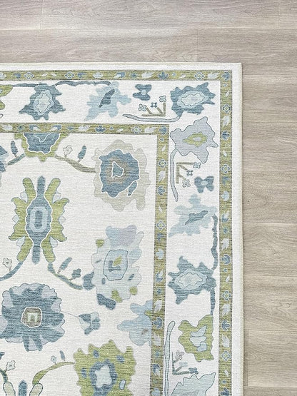 Fame Living Green Oushak Rug, Modern, Vintage, Turkish, Eclectic, Floral, Pastel, Washable, Area Rugs for Living Room, Dining, Bedroom, Office, Entryway, Foyer, Playroom, Nursery, 5'x6'9"