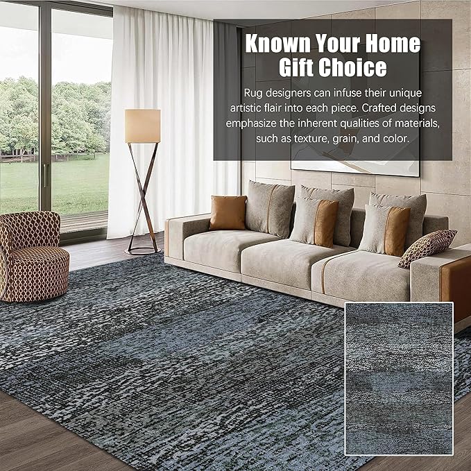RUGSURE Washable Area Rug - 1/6 Thick - Stain & Water Resistant Non-Slip - Resistant Rug for Living Room, Bedroom, Nursery, Pet & Child Friendly, Vintage Charm Area Rugs (Darkgrey+Bule, 4' x 6')