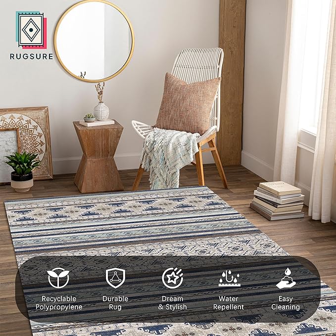 RUGSURE Washable Area Rugs 6' x 9' - 1/6 Thick - Moroccan-Inspired -Stain & Water Resistant Non-Slip - Resistant Rug for Living Room, Bedroom, Nursery, Pet & Child Friendly (Blue and Brown)