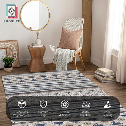 RUGSURE Washable Area Rugs 6' x 9' - 1/6 Thick - Moroccan-Inspired -Stain & Water Resistant Non-Slip - Resistant Rug for Living Room, Bedroom, Nursery, Pet & Child Friendly (Blue and Brown)