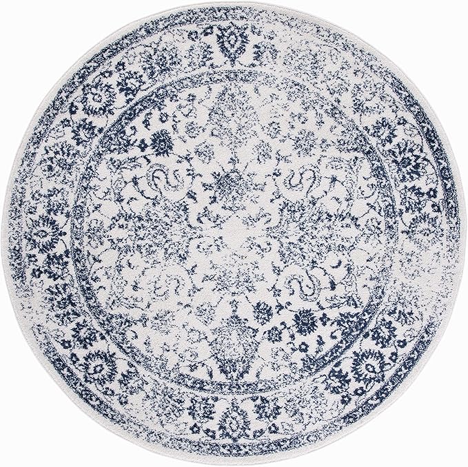 SAFAVIEH Adirondack Collection Area Rug - 10' Round, Ivory & Navy, Distressed Vintage Floral Design, Non-Shedding & Easy to Clean, Ideal for Living Room, Bedroom, Dining (ADR109M)