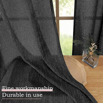 Simplebrand Black Semi Sheer Faux Linen Textured 120 Inches Long Curtains 2 Panels Set, Privacy Farmhouse Window Drapes for Living Room/Birthday Party/Hallway Window Guest Room, 10FT, 50 x 120 Inch