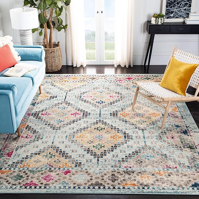 SAFAVIEH Madison Collection Area Rug - 6'7" Square, Blue & Yellow, Boho Diamond Distressed Design, Non-Shedding & Easy Care, Ideal for High Traffic Areas in Living Room, Bedroom (MAD418K)
