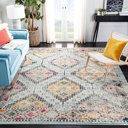 SAFAVIEH Madison Collection Area Rug - 6'7" Square, Blue & Yellow, Boho Diamond Distressed Design, Non-Shedding & Easy Care, Ideal for High Traffic Areas in Living Room, Bedroom (MAD418K)