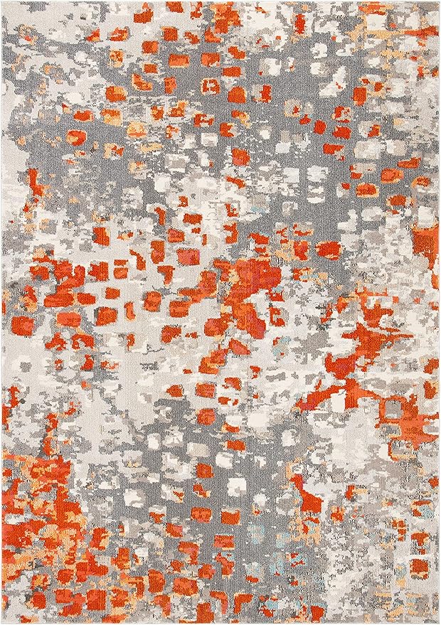 SAFAVIEH Monaco Collection X-Large Area Rug - 11' x 15', Grey & Orange, Boho Chic Abstract Watercolor Design, Non-Shedding & Easy Care, Ideal for High Traffic Areas in Living Room, Bedroom (MNC225H)