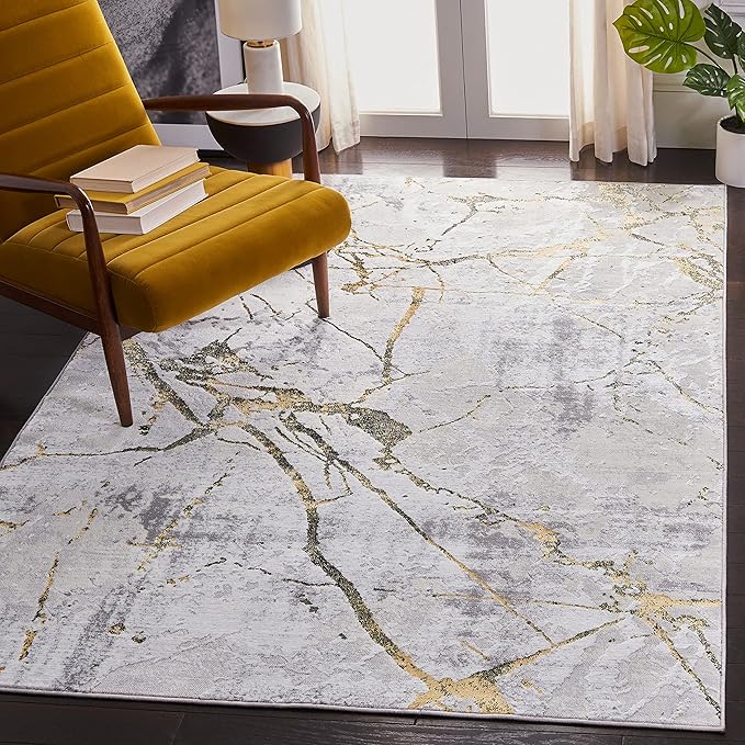 SAFAVIEH Amelia Collection Accent Rug - 4'5" x 6'5", Grey & Gold, Modern Abstract Design, Non-Shedding & Easy Care, Ideal for High Traffic Areas in Entryway, Living Room, Bedroom (ALA293G)