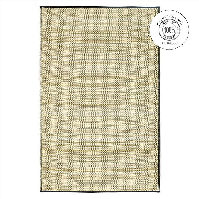 Fab Habitat Outdoor Rug - Waterproof, Fade Resistant, Crease-Free - Premium Recycled Plastic - Neutral Striped - Patio, Deck, Porch, Balcony, Laundry Room - Cancun Shadow - Sand & Black - 4 x 6 ft