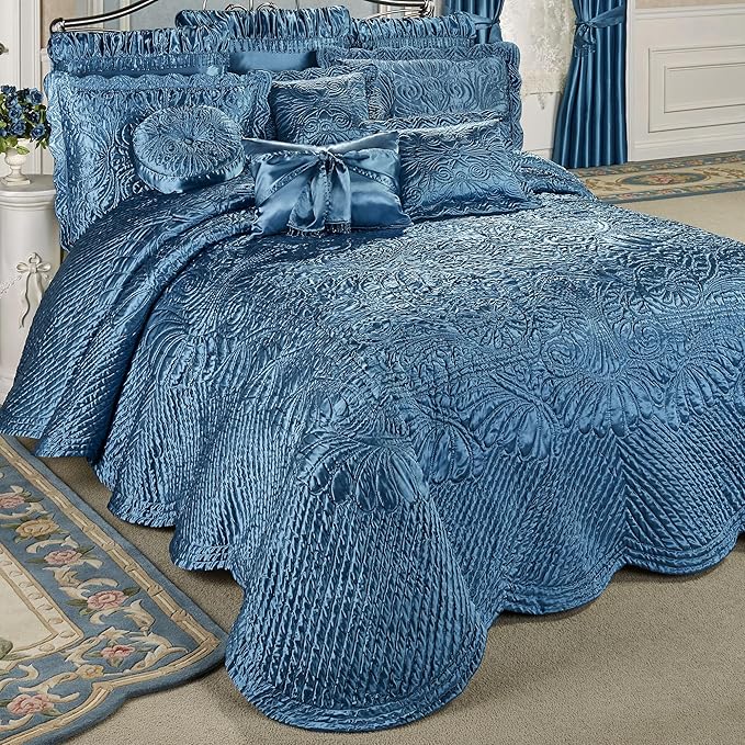 Portia Luxury Bedding | Sapphire | Quilted Polyester Satin | Hand Guided Machine Quilted Scroll Design | 11 Piece Set With Cal King Bedspread, 2 King Shams, 2 Euro Shams, 2 Euro Pillows, 4 Pillows
