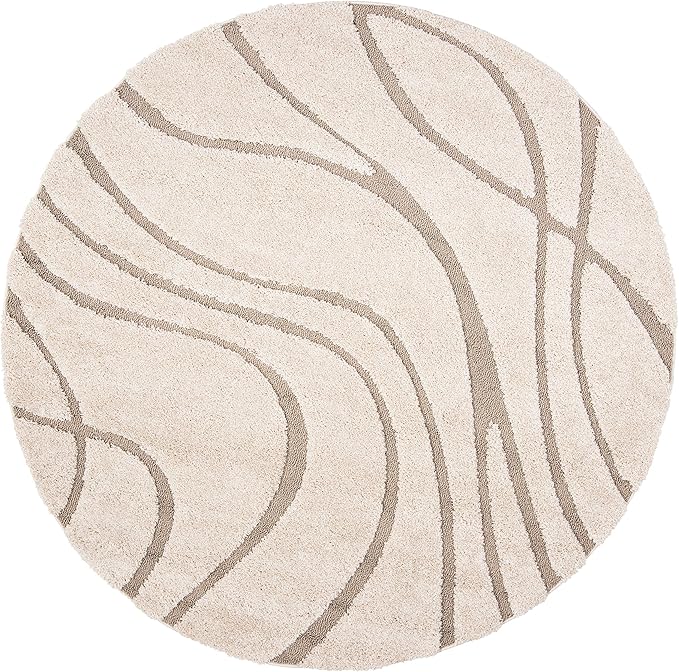 SAFAVIEH Florida Shag Collection 6'7" Round Cream/Beige SG471 Abstract Wave Non-Shedding Living Room Bedroom Dining Room Entryway Plush 1.2-inch Thick Area Rug
