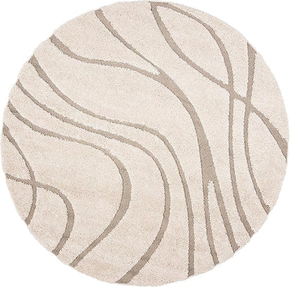 SAFAVIEH Florida Shag Collection 4' Round Cream/Beige SG471 Abstract Wave Non-Shedding Living Room Bedroom Dining Room Entryway Plush 1.2-inch Thick Area Rug