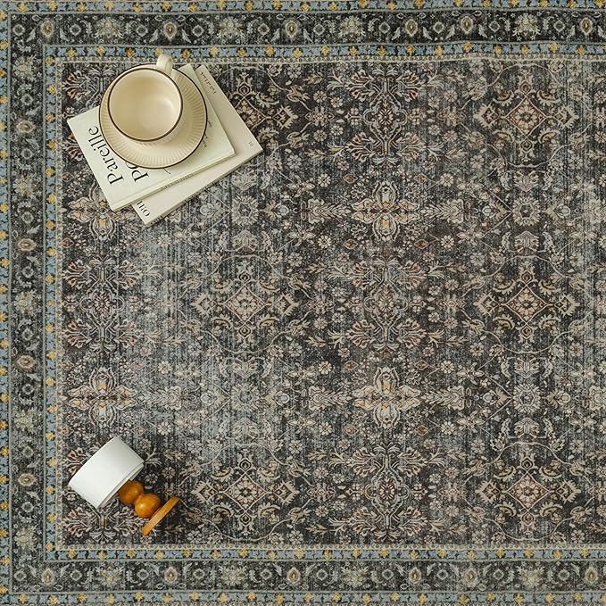8x10 Area Rug for Living Room Black Vintage Washable Bedroom Carpet Traditional Distressed Soft Non Slip Indoor Large Accent Rug Retro Thin Low Pile Floor Cover for Dining Room Playroom
