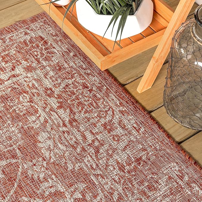 JONATHAN Y Weave Floral Indoor Outdoor Square Area Rug 6X6 Red/Taupe, Tela Bohemian Textured for Backyard, Patio, Porch, Easy-Cleaning, High Traffic, Pet-Friendly, Non-Shedding (SMB100A-6SQ)