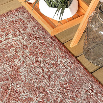 JONATHAN Y Weave Floral Indoor Outdoor Square Area Rug 6X6 Red/Taupe, Tela Bohemian Textured for Backyard, Patio, Porch, Easy-Cleaning, High Traffic, Pet-Friendly, Non-Shedding (SMB100A-6SQ)