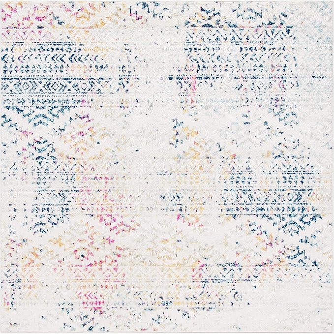 SAFAVIEH Tulum Collection Area Rug - 8' Square, Ivory & Blue, Moroccan Boho Tribal Design, Non-Shedding & Easy to Clean, Ideal for Living Room, Bedroom, Dining Space (TUL272C)
