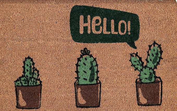 Coir Door Mats 17" X 30", Non-Slip Sturdy, PVC Backed Heavy Duty, Easy to Clean, Ideal for Door Entrance, Patio, Porch, Backyard, Garages, Hello Cactus