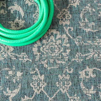 JONATHAN Y Weave Floral Indoor Outdoor Square Area Rug 3X3 Teal/Gray, Tela Bohemian Textured for Backyard, Patio, Porch, Easy-Cleaning, High Traffic, Pet-Friendly, Non-Shedding (SMB100C-3SQ)