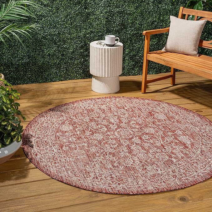 JONATHAN Y Weave Floral Indoor Outdoor Round Area Rug 8 Ft Red/Taupe, Tela Bohemian Textured for Backyard, Patio, Porch, Easy-Cleaning, High Traffic, Pet-Friendly, Non-Shedding (SMB100A-8R)