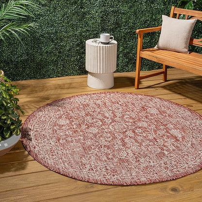 JONATHAN Y Weave Floral Indoor Outdoor Round Area Rug 8 Ft Red/Taupe, Tela Bohemian Textured for Backyard, Patio, Porch, Easy-Cleaning, High Traffic, Pet-Friendly, Non-Shedding (SMB100A-8R)